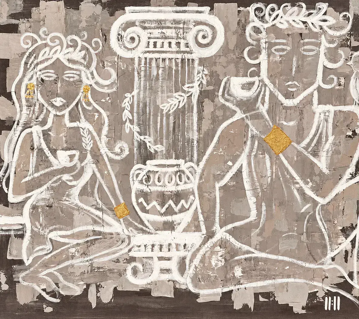 A Toast to the Gods, a painting by Isabelle Moreau Hamdan: two seated white-line figures raising cups on either side of a column, with an amphora between them and touches of gold on a charcoal ground