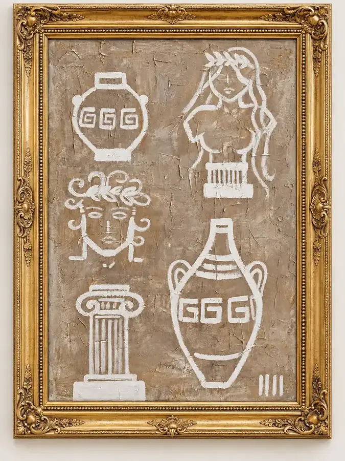 Fragments of the Gods by Isabelle Moreau Hamdan, shown in a gold frame on an ivory wall