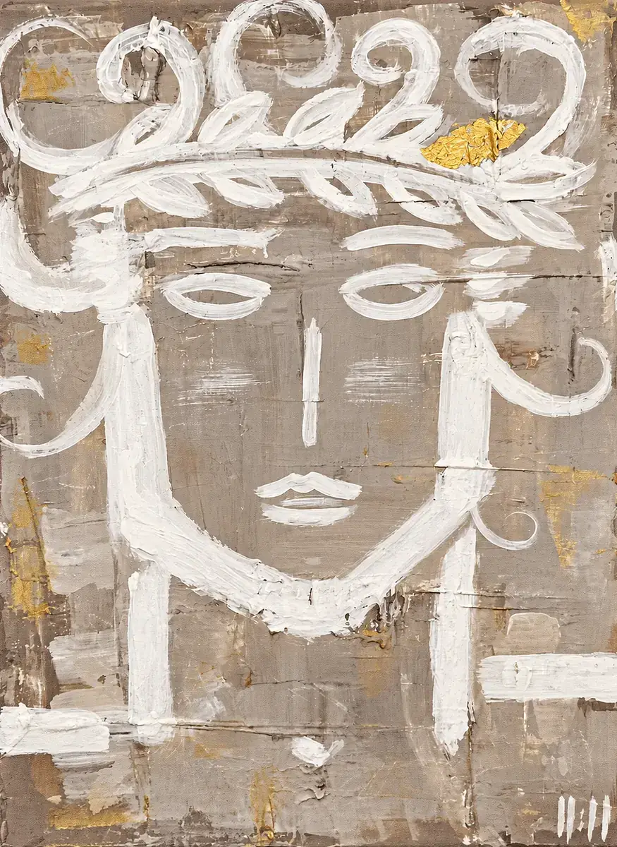Julius, a painting by Isabelle Moreau Hamdan: a frontal white-line head with a laurel crown and touches of gold on a taupe textured ground