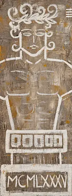 The Guardian, a tall painting by Isabelle Moreau Hamdan: a laurel-crowned white-line figure above a plinth inscribed in Roman numerals, on a grey and ochre ground