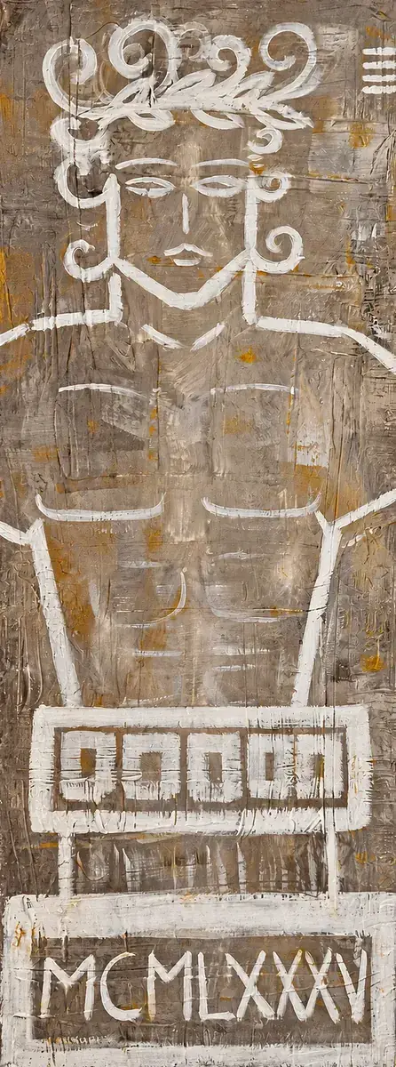 The Guardian, a tall painting by Isabelle Moreau Hamdan: a laurel-crowned white-line figure above a plinth inscribed in Roman numerals, on a grey and ochre ground