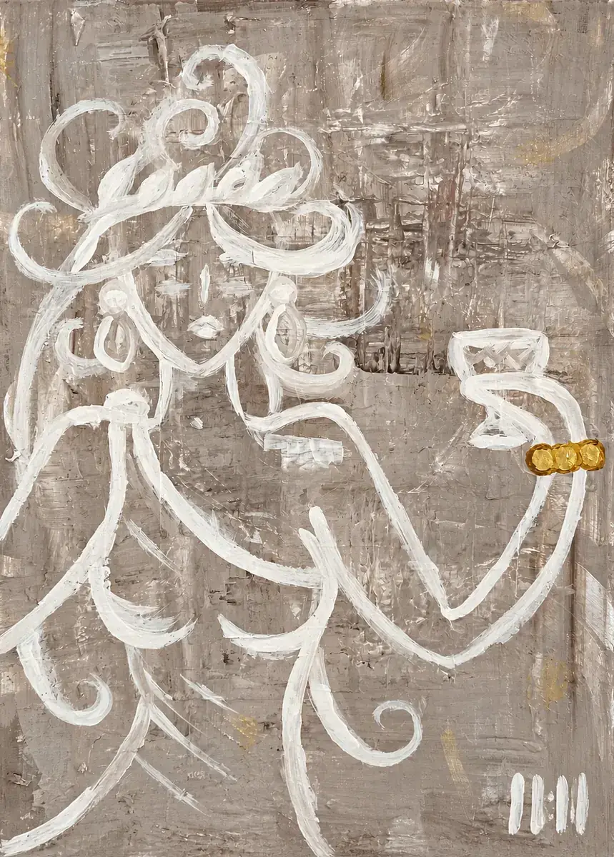 The Joy of Venus, a painting by Isabelle Moreau Hamdan: a white-line figure with curling hair raising a cup, with a gold ring, on a cool grey textured ground