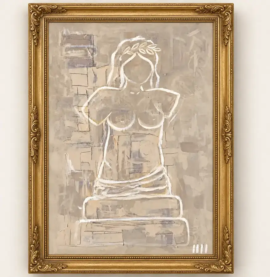 The Last Muse by Isabelle Moreau Hamdan, shown in a gold frame on an ivory wall