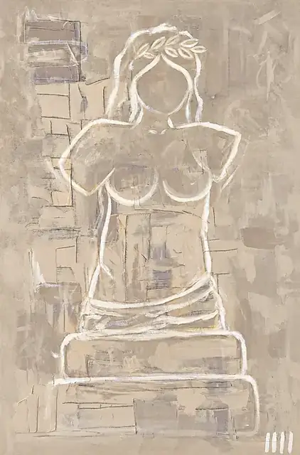 The Last Muse, a painting by Isabelle Moreau Hamdan: a pale white-line classical torso on a stepped base with a laurel wreath, on an ivory and sand ground