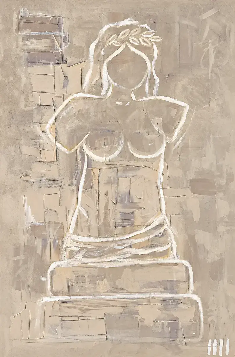 The Last Muse, a painting by Isabelle Moreau Hamdan: a pale white-line classical torso on a stepped base with a laurel wreath, on an ivory and sand ground