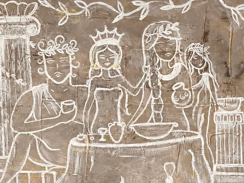 Close-up of the surface of The Lost Temple by Isabelle Moreau Hamdan, showing line and texture