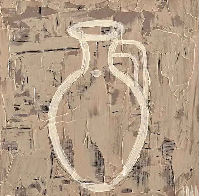 The Ritual Jar, a painting by Isabelle Moreau Hamdan: a single jar drawn in thick cream line on a layered sand, taupe and charcoal textured ground