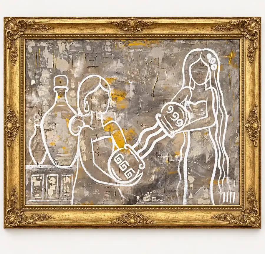 The Sacred Exchange by Isabelle Moreau Hamdan, shown in a gold frame on an ivory wall