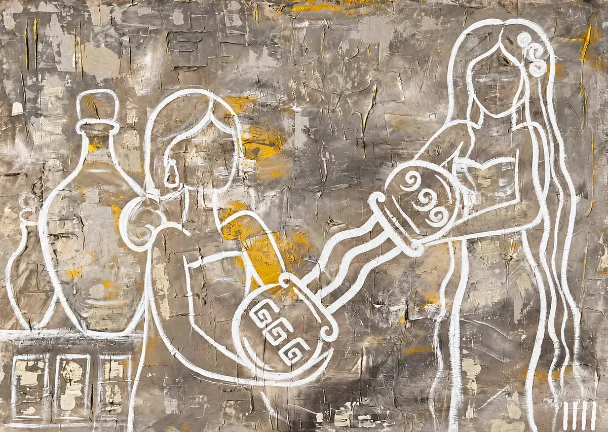 The Sacred Exchange, a painting by Isabelle Moreau Hamdan: two white-line women, one pouring water into the jug held by the other, on a grey and ochre textured ground