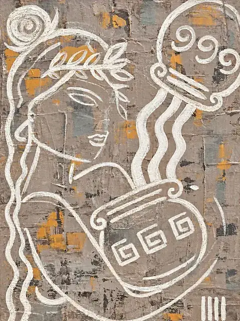 The Sacred Gift, a painting by Isabelle Moreau Hamdan: a laurel-crowned white-line woman holding a jar on a grey ground flecked with ochre and blue-grey