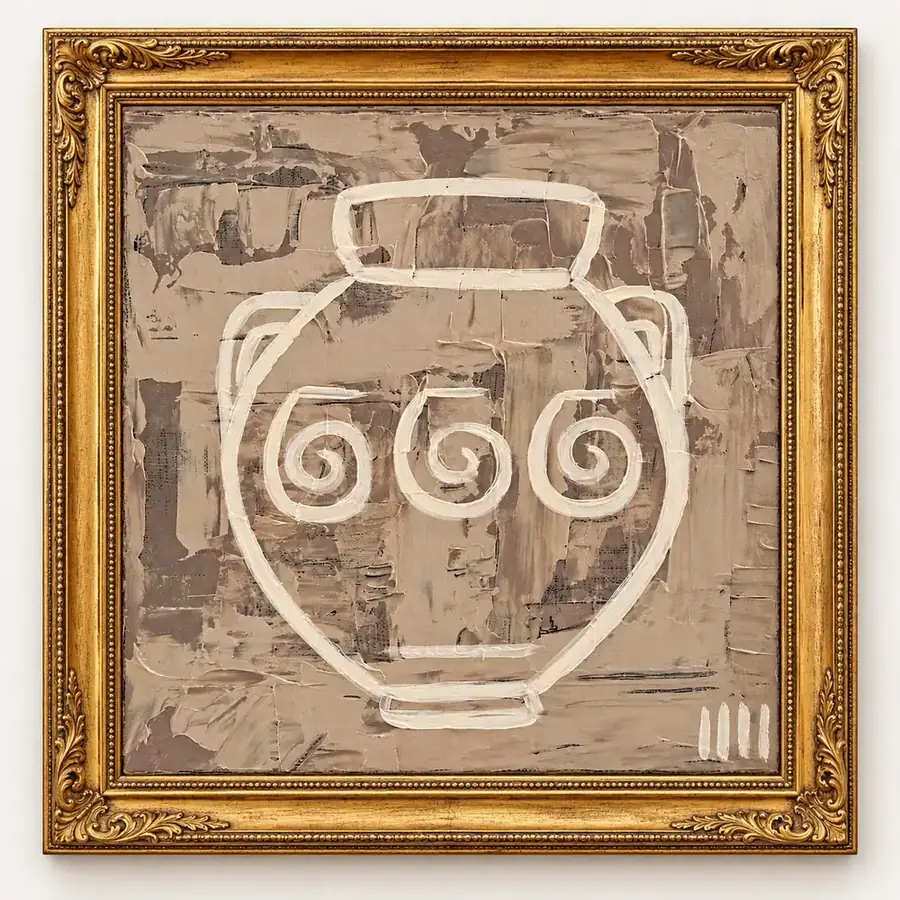 The Sacred Vessel by Isabelle Moreau Hamdan, shown in a gold frame on an ivory wall