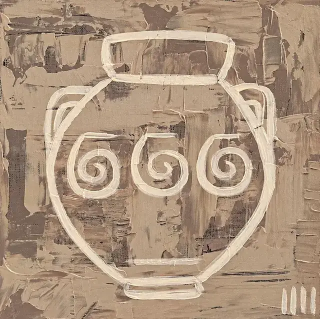The Sacred Vessel, a painting by Isabelle Moreau Hamdan: a rounded two-handled jar with three spirals in thick cream line on a sand and mauve-grey textured ground