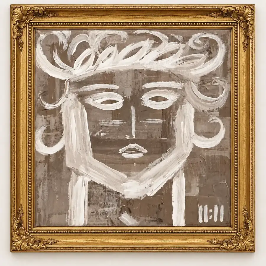 The Witness by Isabelle Moreau Hamdan, shown in a gold frame on an ivory wall