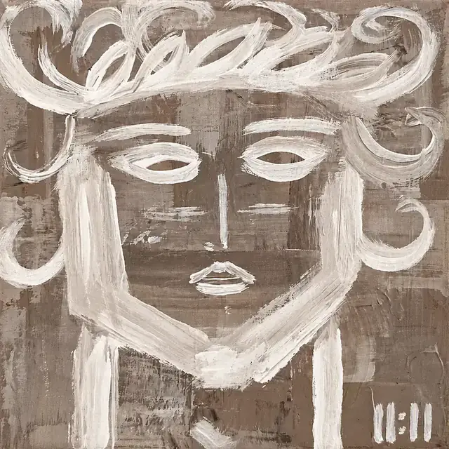 The Witness, a painting by Isabelle Moreau Hamdan: a large white-line head with a sweeping laurel crown and curls on a deep taupe ground
