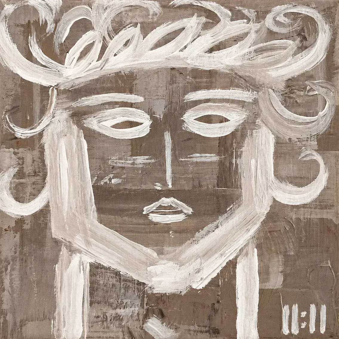 The Witness, a painting by Isabelle Moreau Hamdan: a large white-line head with a sweeping laurel crown and curls on a deep taupe ground