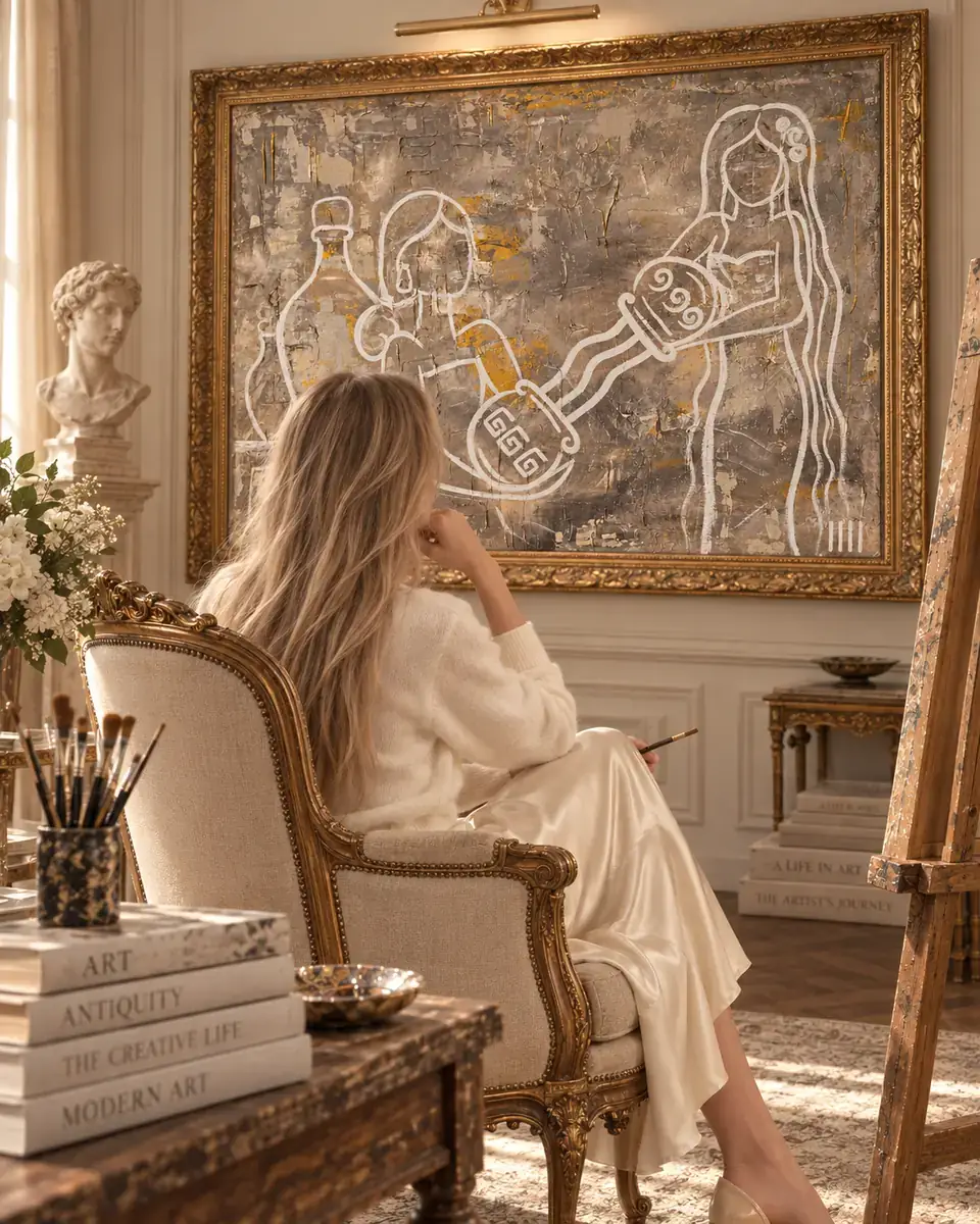 Isabelle Moreau Hamdan seated in a gilded armchair, brush in hand, looking at a large gilt-framed painting of two white-line women pouring water between vessels